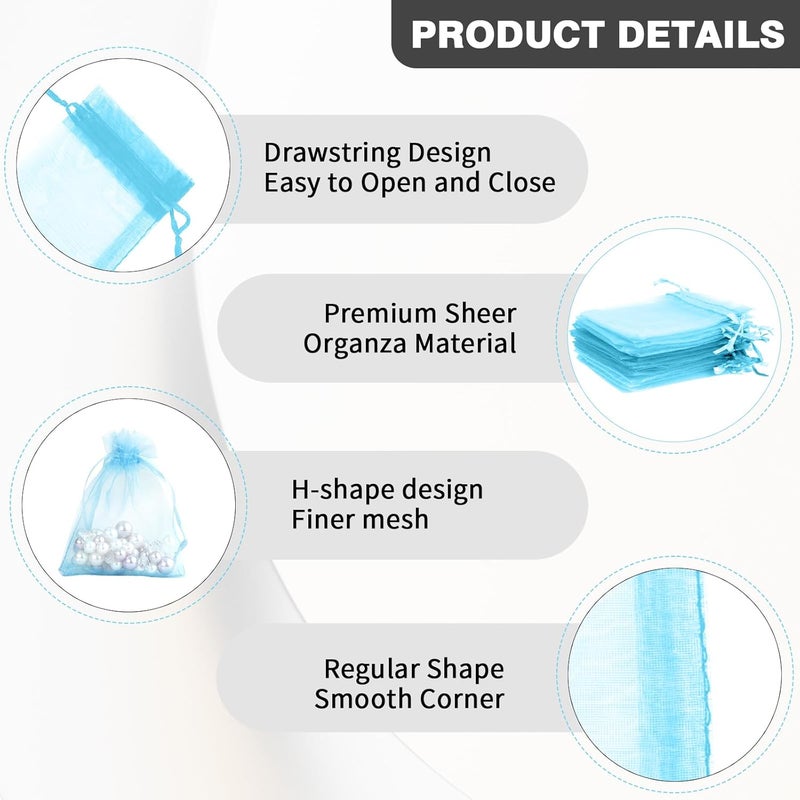 BOEIAC Sheer Organza Bags - 50 Pcs, Small with Drawstring, Jewelry Gift Bags for Parties & Weddings, Mini Candy Bags, Lake Blue - Image 4